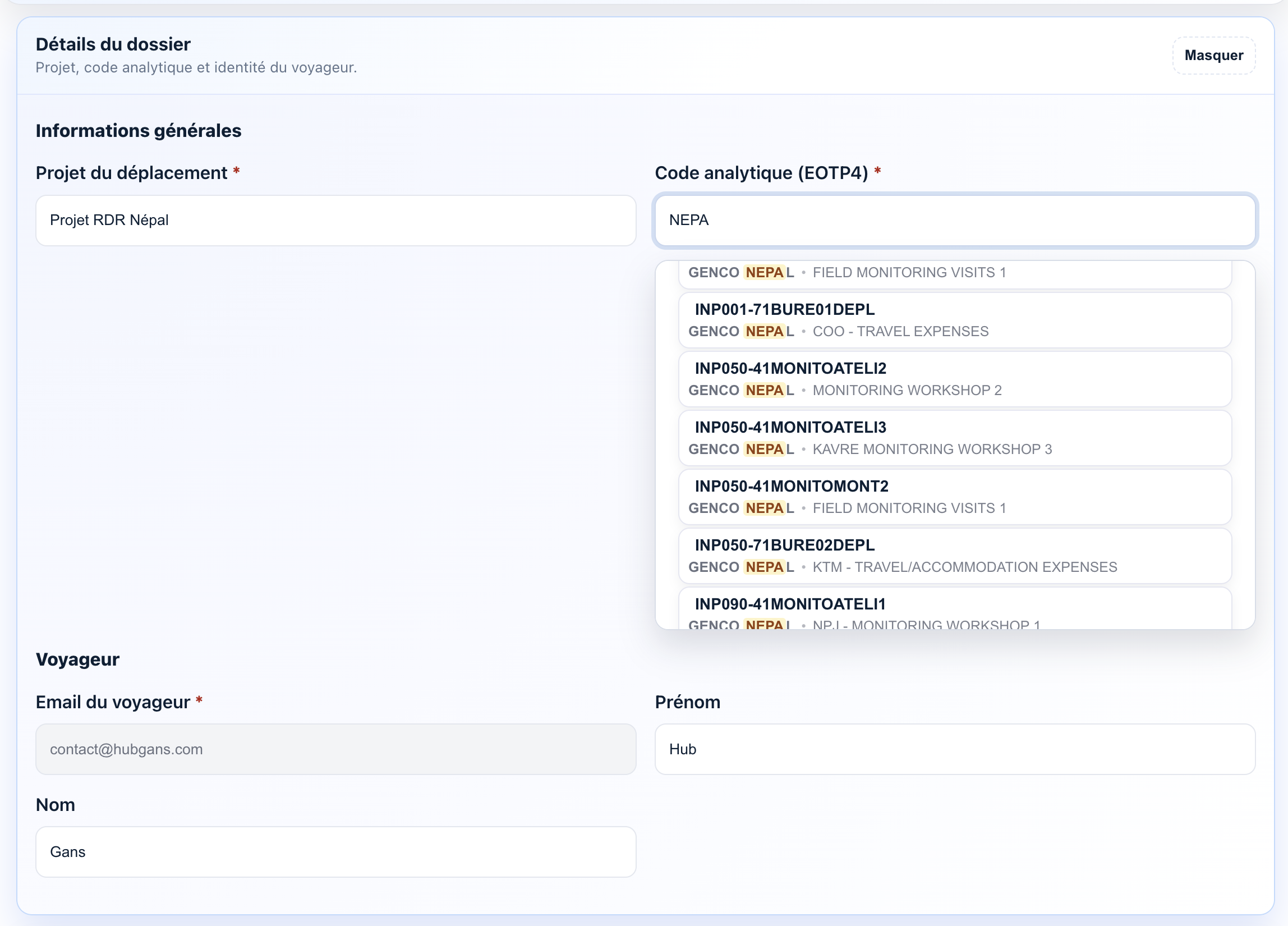 Informations generales et choix du code analytique (EOTP4)