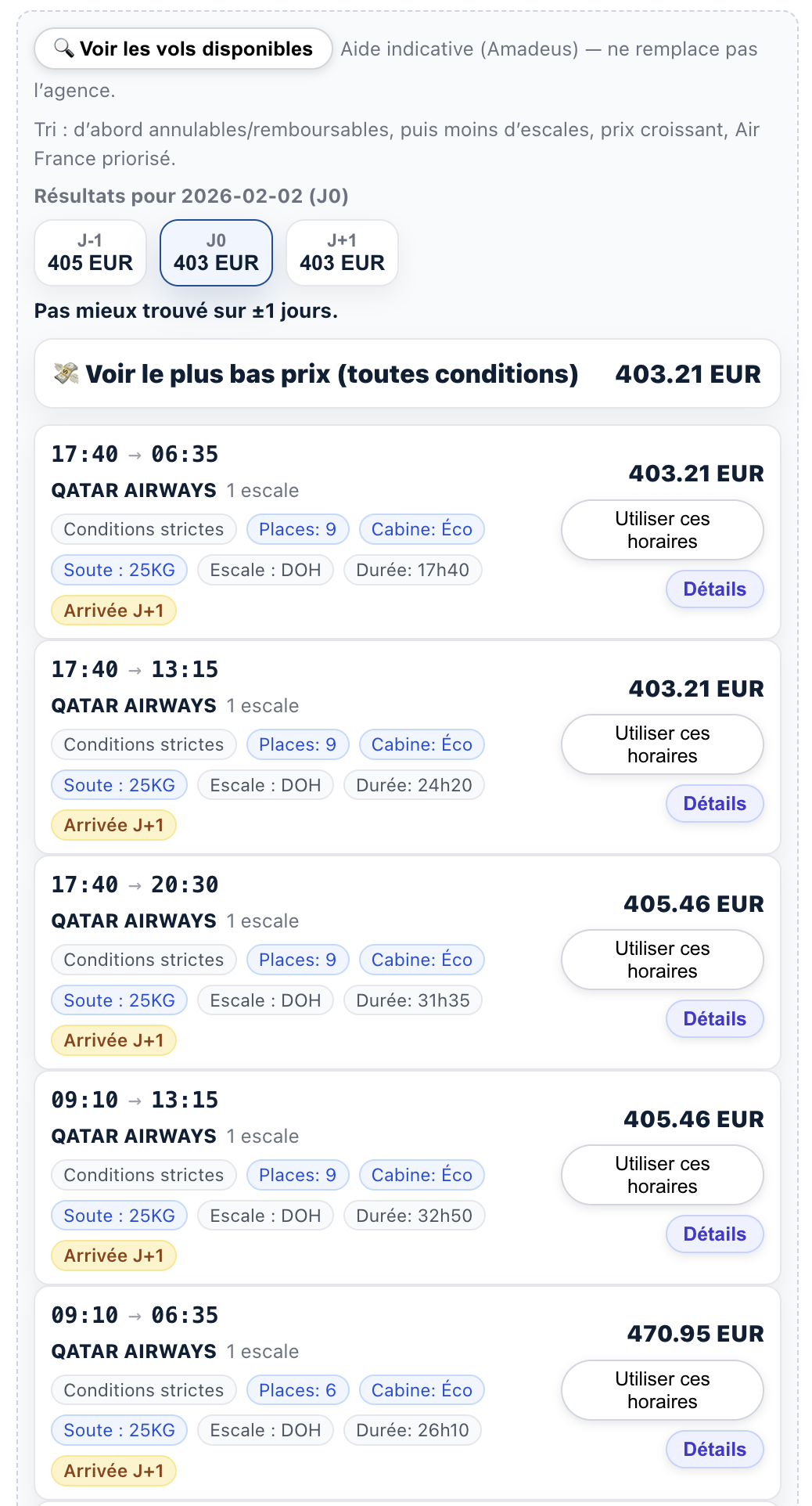 Choix d'un vol : utiliser ces horaires et acceder aux details