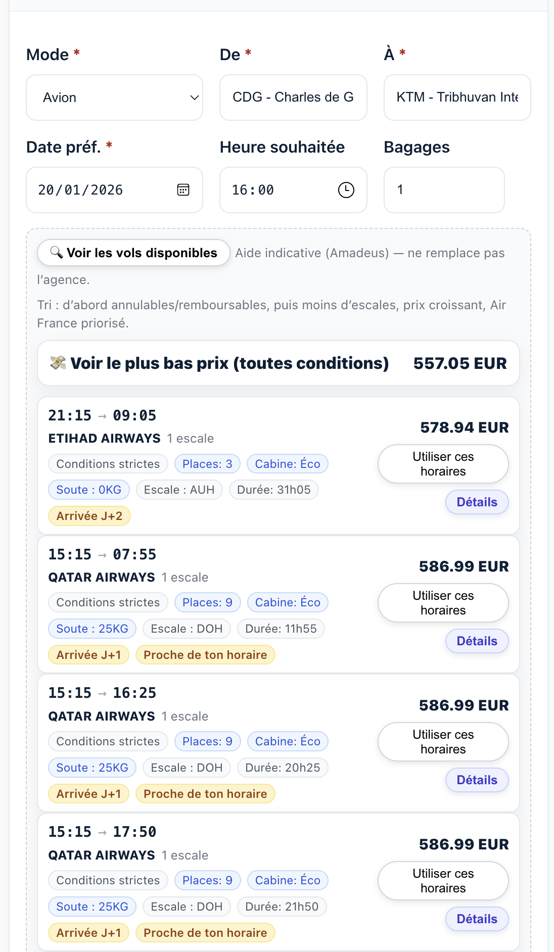 Liste des vols disponibles avec prix et options