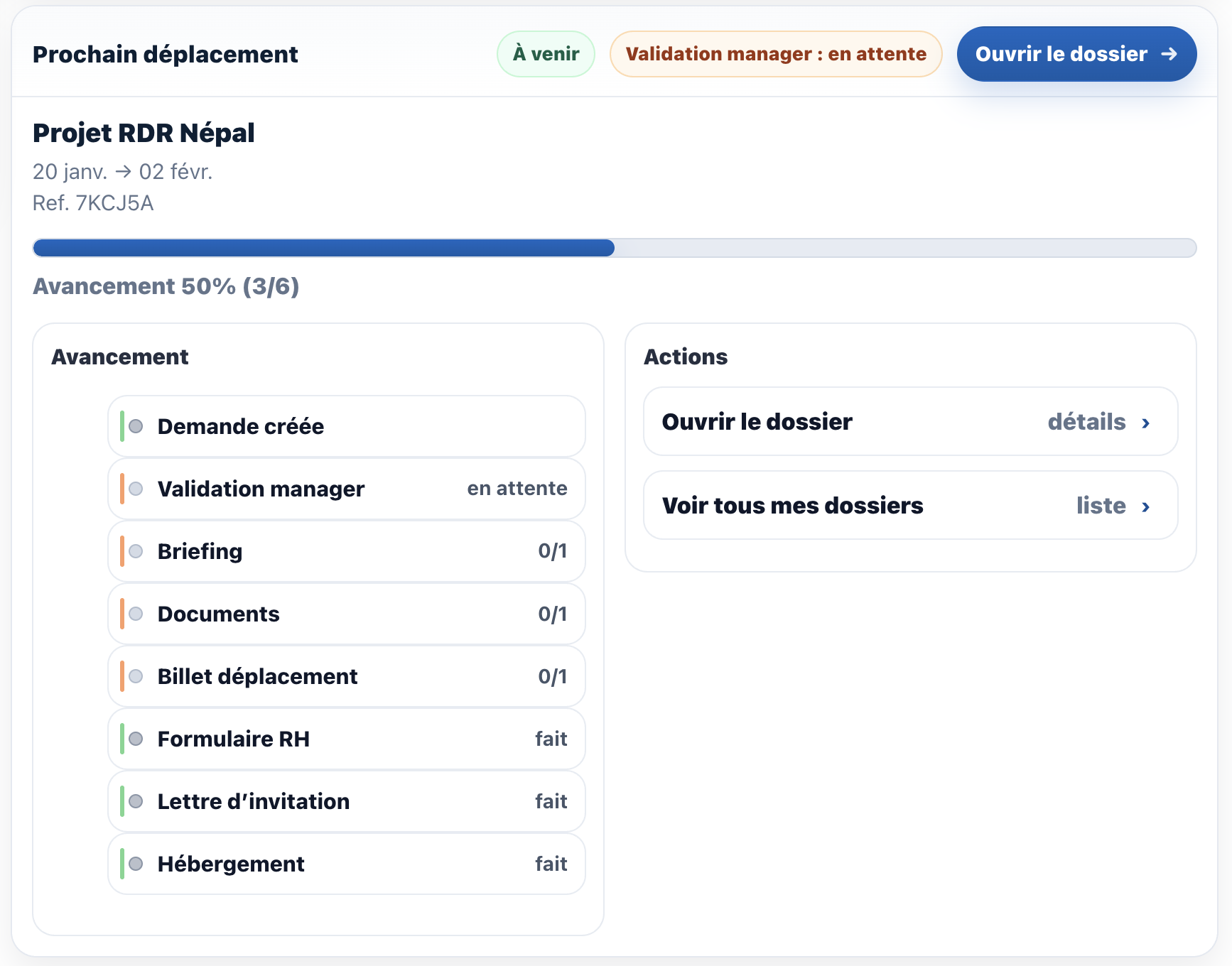Bloc Prochain déplacement : statut, avancement, étapes et accès dossier